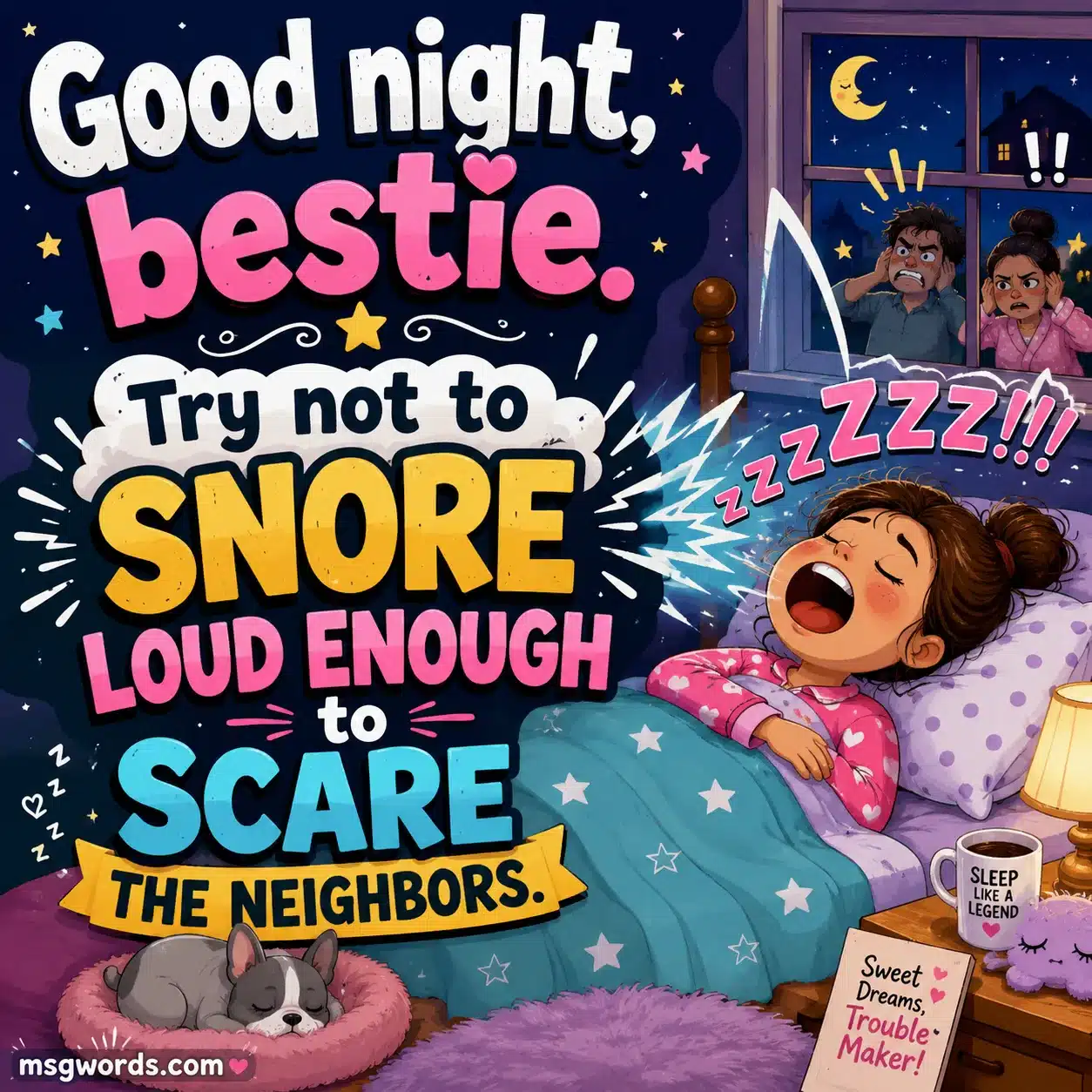 Funny good night bestie message about not snoring loud illustration