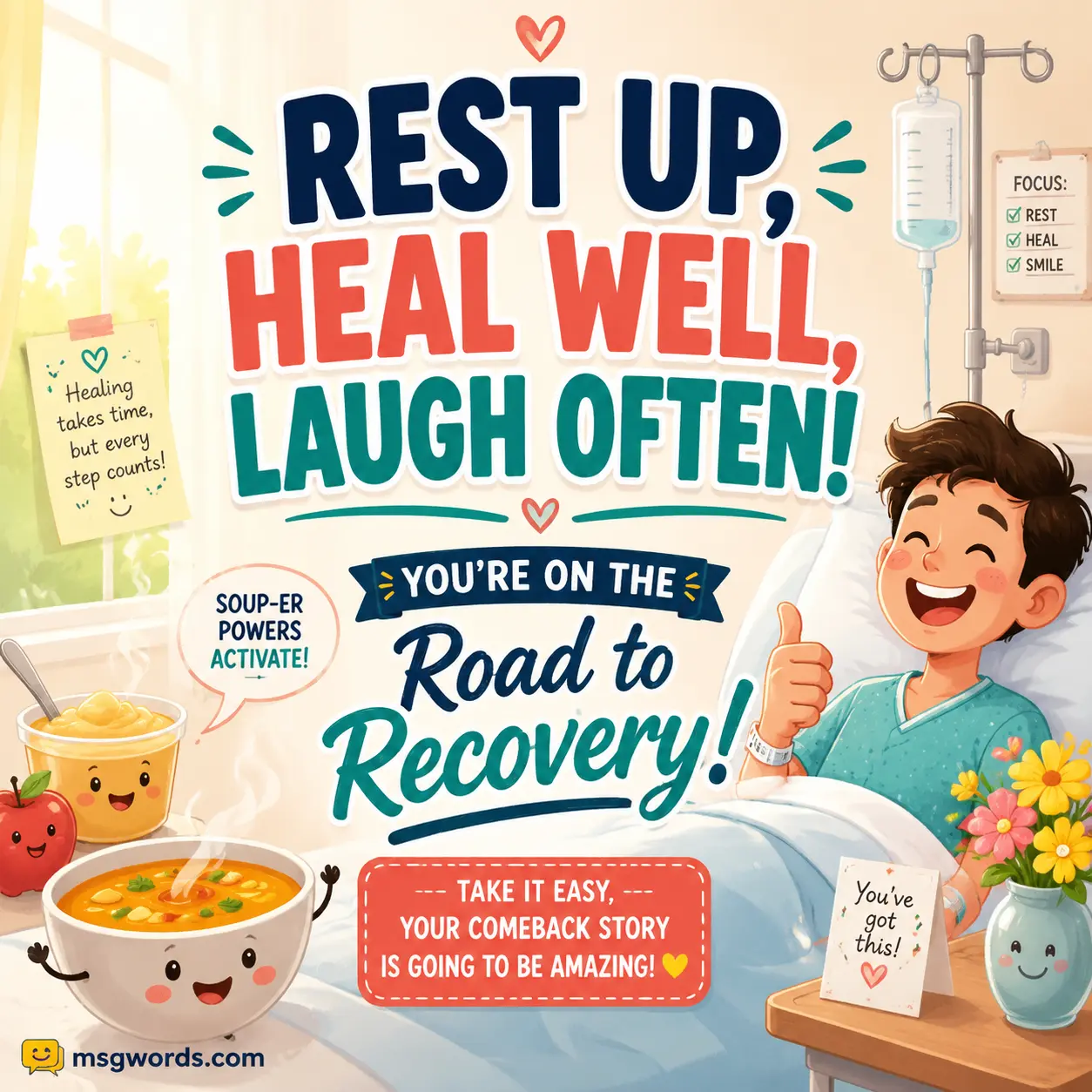 Funny recovery wishes about healing, rest, and hospital humor