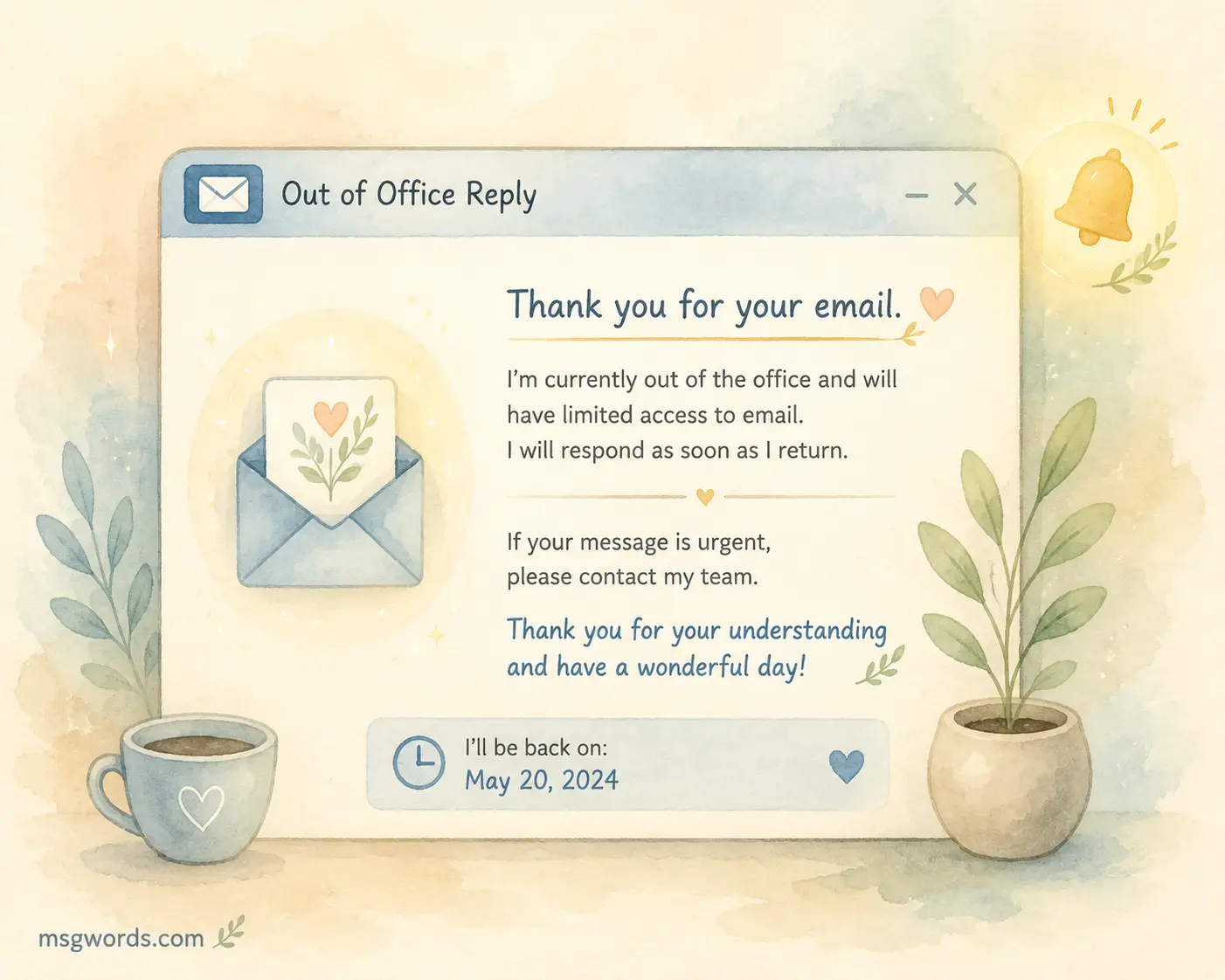 Polite and respectful email auto-reply notification concept with warm tone illustration
