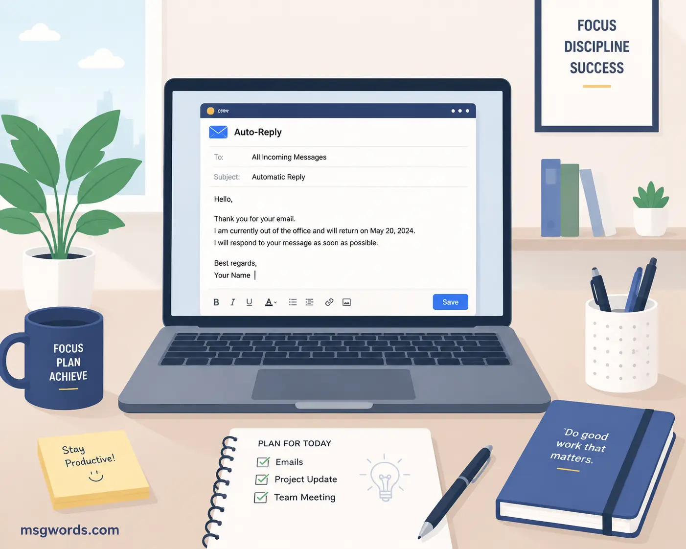Professional office worker writing a clear auto-reply message on laptop illustration