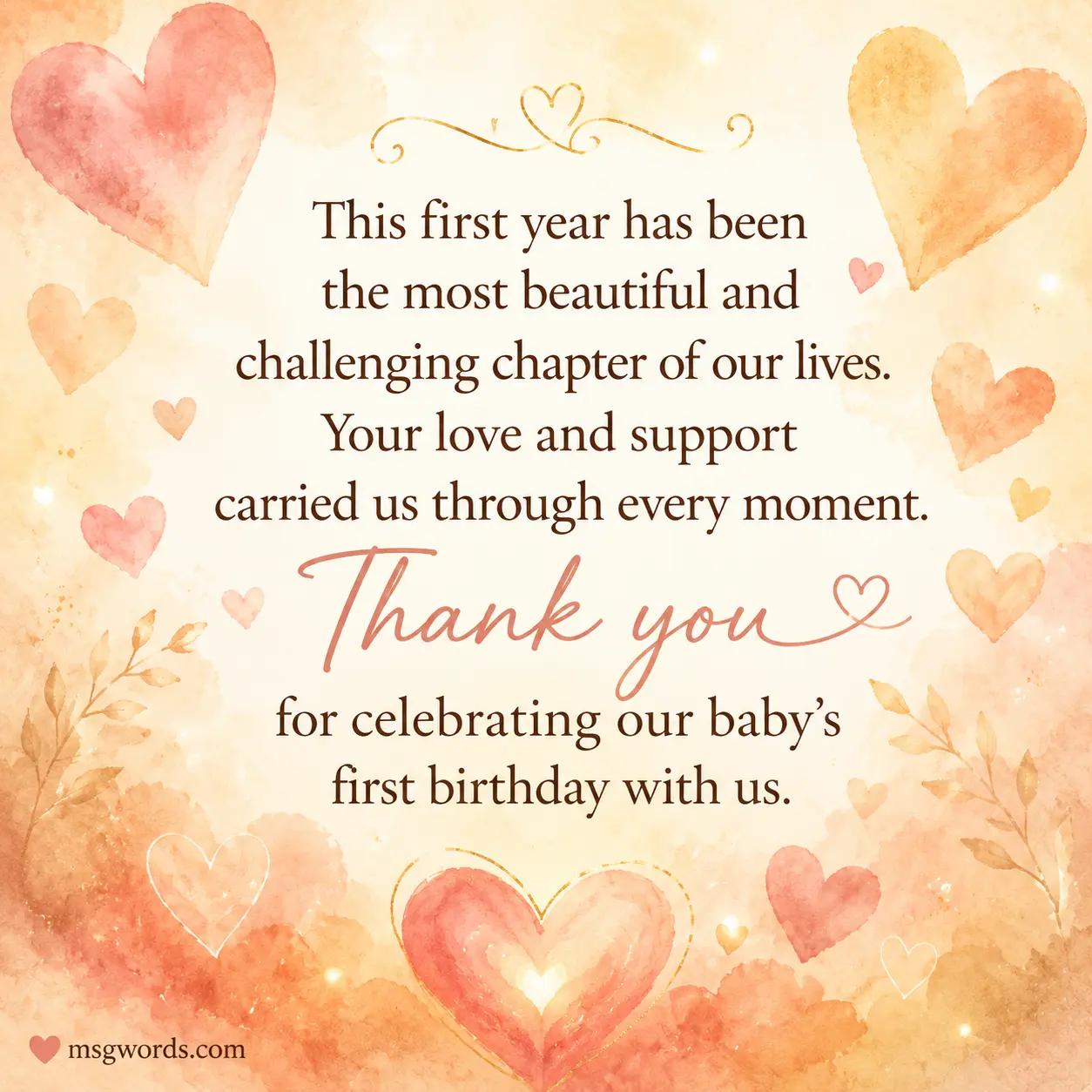 Emotional heartfelt first birthday thank you message card