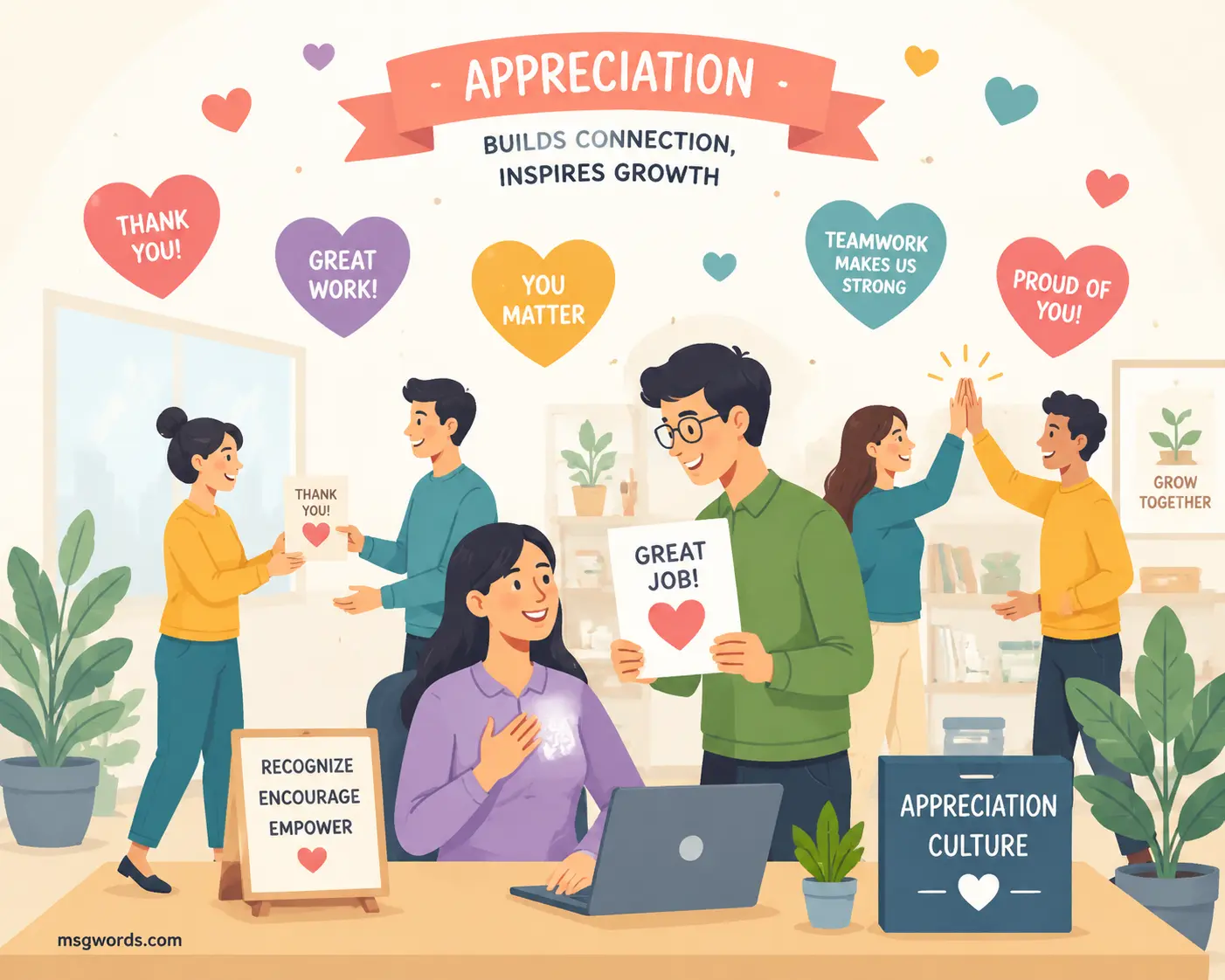 Employees celebrating appreciation culture in a modern office setting