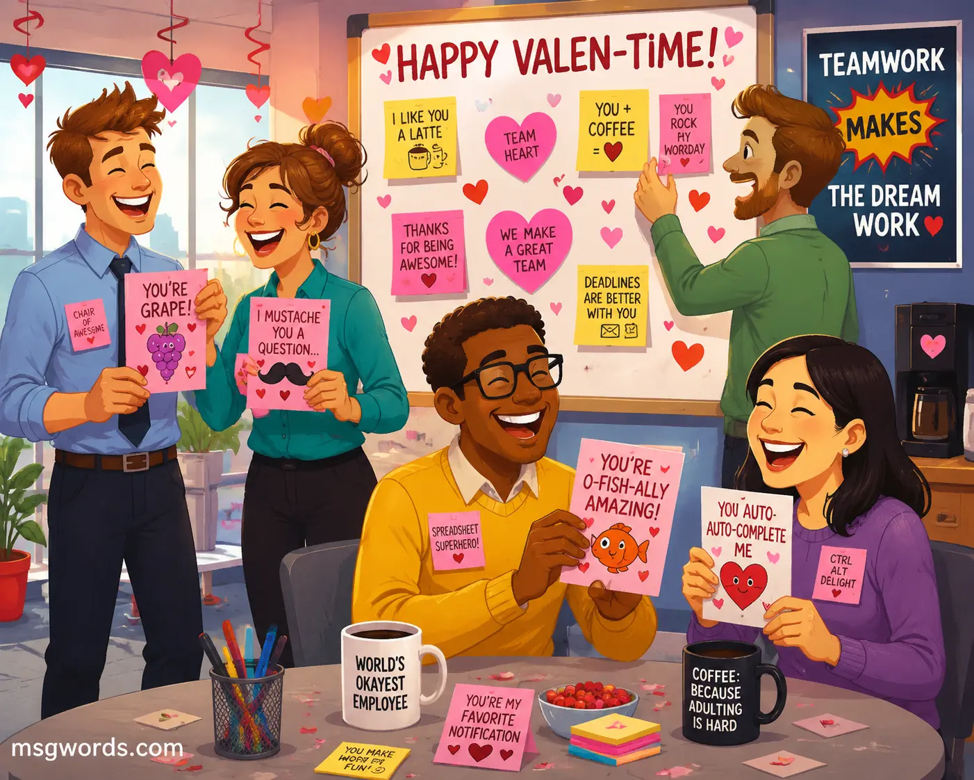 Coworkers laughing together during a fun office celebration with cards and notes