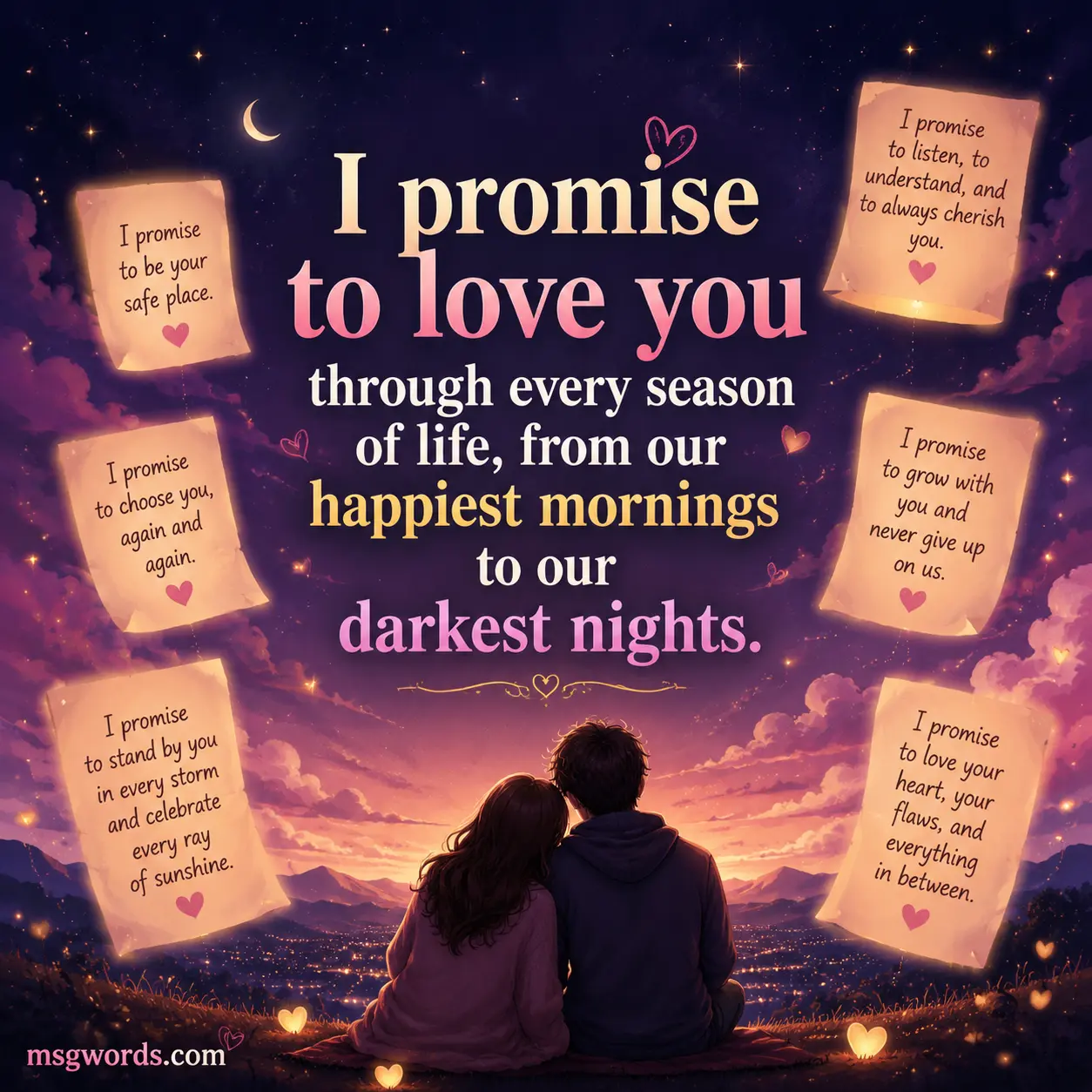 Love promise messages floating on dreamy romantic background