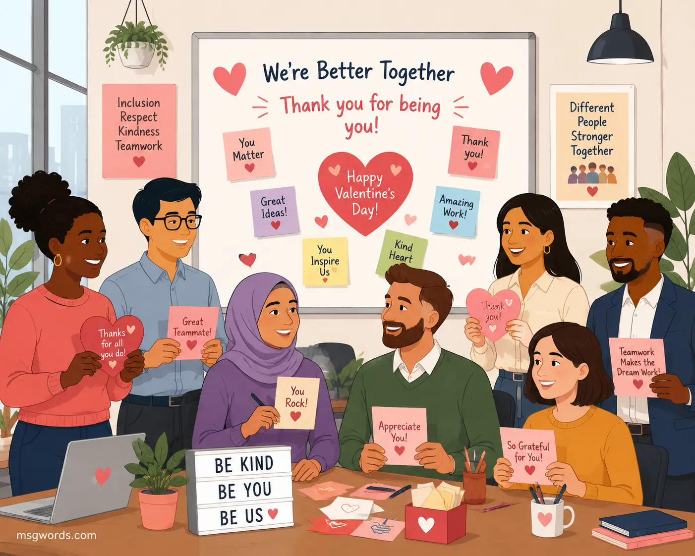 Diverse workplace team celebrating inclusive appreciation with positive message boards