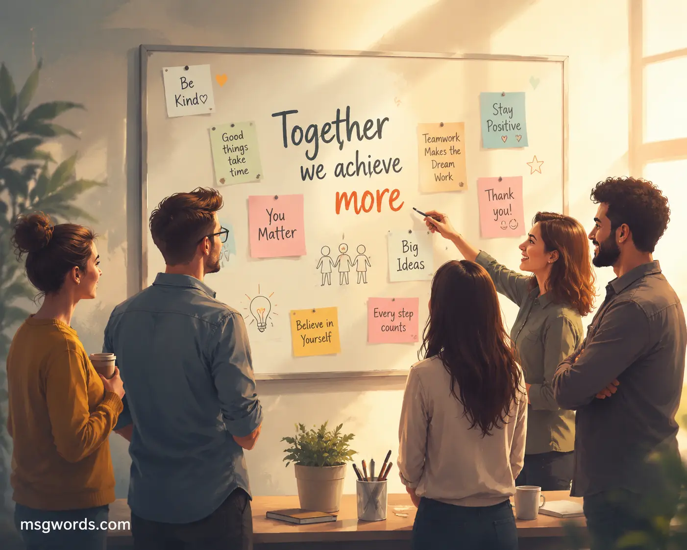Team collaboration scene with uplifting messages and motivational office energy