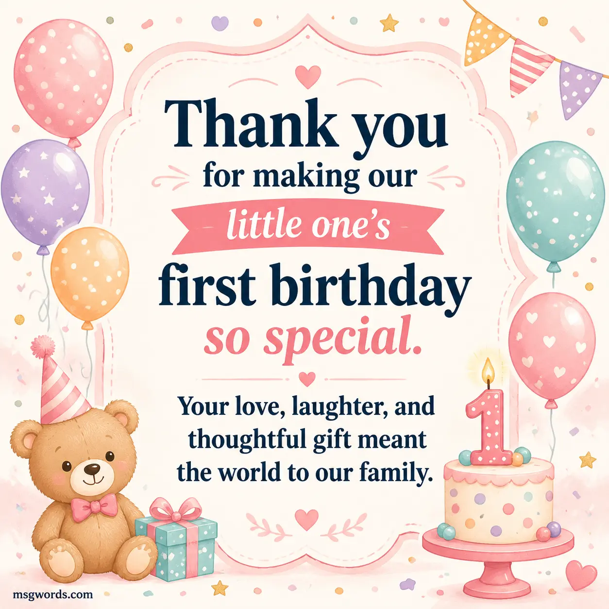 Sweet first birthday thank you message on pastel background