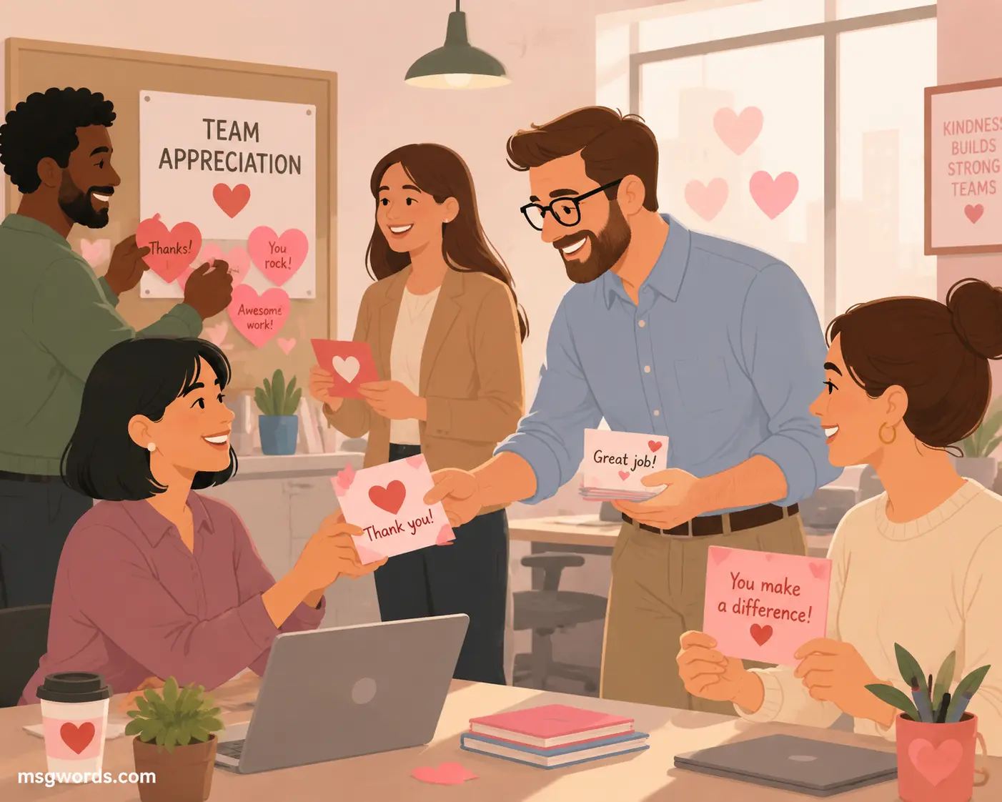 Office team sharing appreciation notes in a warm collaborative environment